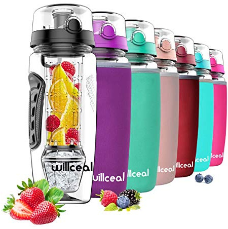 willceal Fruit Infuser Water Bottle 32oz Durable with Detachable Ice Gel Ball,Large - BPA Free Tritan, Flip Lid, Leak Proof Design - Sports, Camping (Black)