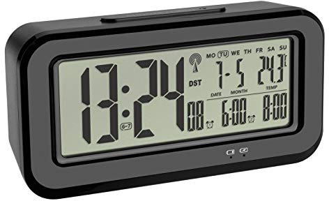 TFA Dostmann Digitaler Funk-Wecker BOXX, mit Innentemperatur, per USB aufladbar, Kunststoff, schwarz, L 142 x B 45 x H 73 mm