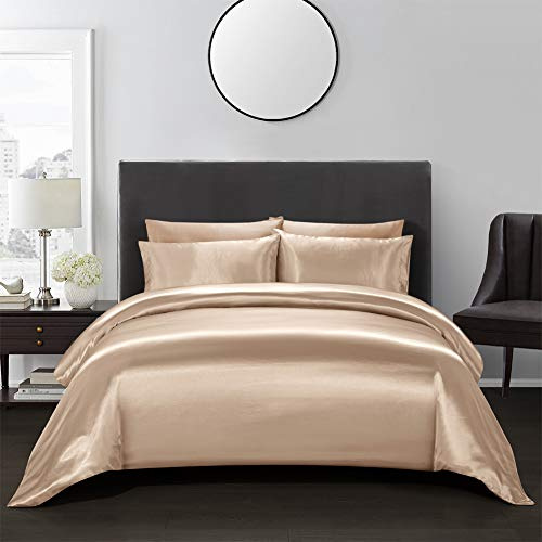AiMay 3 Piece Satin Duvet Cover Set Bedding Sets Luxury Rich Silk Silky Super Soft Solid Color Reversible Stain-Resistant Wrinkle Free (Queen, Taupe)