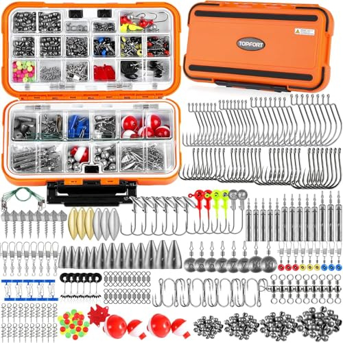 TOPFORT 187/343pcs Fishing Accessories Kit, Fishing Tackle Box with Tackle Included, Jig Hooks, Bullet Bass Casting Sinker Weights, Swivels Snaps, Sinker Slides, Fishing Gear and Equipment