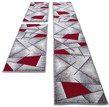 oKu-Tex 30161rot067620 - Tappeto intrecciato per camera da letto, set da 3 pezzi, colore rosso moderno, design geometrico, Öko-Tex 100, 2 x 67 x 140 cm, 1 x 67 x 340 cm