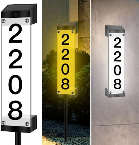 Tomskiko Solar House Numbers for Outside, Lighted Solar Address Sign Plaque Address Numbers for Houses Waterproof LED Solar Powered Address Sign with Stakes for Outside Home,Yard,Street (3000K-6000K)