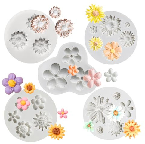 KALAIEN 5 Stück Flower Fondant Kuchen Formen Fondant Silikon Form Gänseblümchen Blume Rose Blume Chrysantheme Blume Süßigkeiten Silikon Formen Set für Schokolade