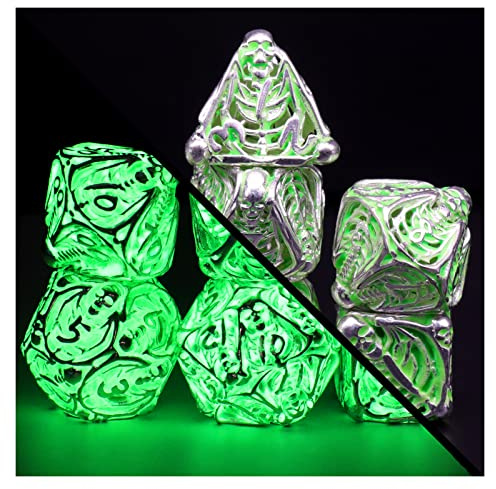 DND tärning polyedriskt rollspel tärningsset fluorescerande skelett tärningar, speltärningar Dungeons & Dragons tärningar, ZHOORQI 7 stycken/set metalltärninger, MTG Pathfinder D&D-presenter (dödskalle-lysande grön)