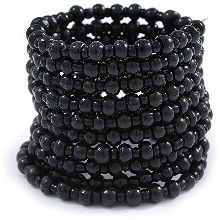 Avalaya Pulsera Brazalete flexible ancha de madera y cuentas de cristal en color negro, ajustable, talla única, Vidrio Madera