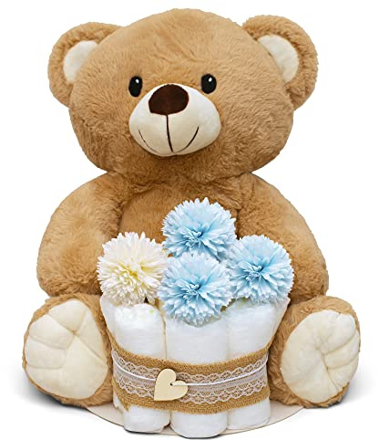 MilaBoo® Kleine Vintage Windeltorte Junge mit großem Teddybär I Liebevolles Geschenk zur Geburt I Handgemachte Babyparty Geschenk