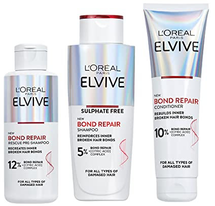L’Oreal Paris Elvive Bond Repair Full Routine Set for Damaged Hair, Pre-Shampoo Treatment 200ml, Shampoo 200ml and Conditioner 150ml, Deep Intensive Hair Repair Treatment, Rebuild Broken Hair Bonds