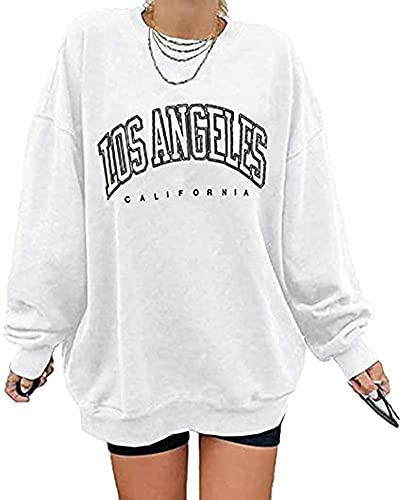 GeGekoko överdimensionerad damtröja Los Angeles California rund hals långärmad ledig lös pullover toppar, La# vit, S
