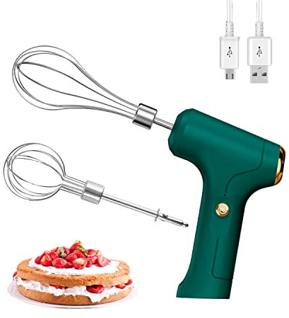 FIOUSY Electric Hand Whisk, USB Rechargeable, Wireless Portable Egg Beater with 2 Detachable Whisks with 3 Speed Modes for Eggs/Milkshake Cream/Butter/Baby Food, Fit for Kitchen/Camping/Gifts (Green)