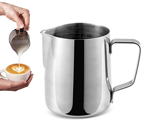 Neretva Milk Frothing Pitcher 12 oz, Hand Held Frother Steamer, Latte Art Steaming Jug, Espresso Machine Accessories, Barista Tool (350ML)