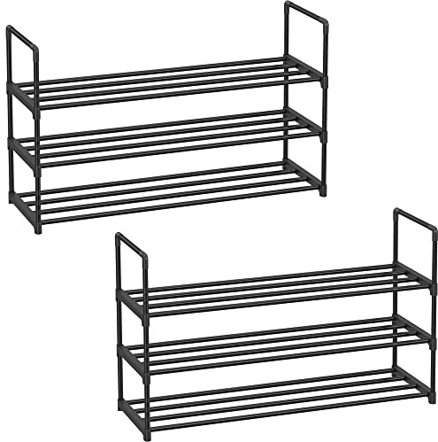 SONGMICS Schuhregal 3 Ebenen, 2er Set Schuhständer Metall, Schuhaufbewahrung, Schuh-Organizer für 12-15 Paar Schuhe, stapelbar, für Flur Wohnzimmer Schlafzimmer, 30 x 92 x 55 cm, schwarz LSA303B22