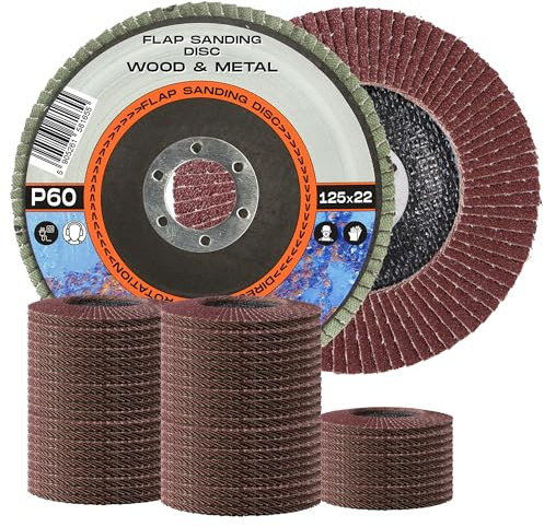 50x Fächer Schleifscheibe 125 x 22,2 mm Schleifmoptelle Fächerscheiben Körnung P60 für Holz Metall Stahl Lamellenscheibe Scheiben Schruppscheiben Winkelschleifer Zubehör