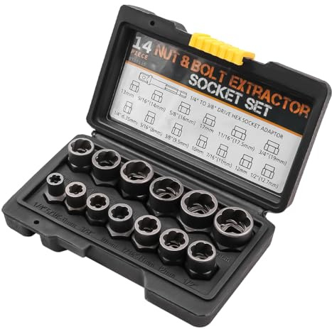 Tiardey 14 pièces jeu de dissolvant d'écrou de boulon à percussion extracteur d'écrou extracteur de douille avec adaptateur hexagonal jeu de douilles d'extraction pour retirer les