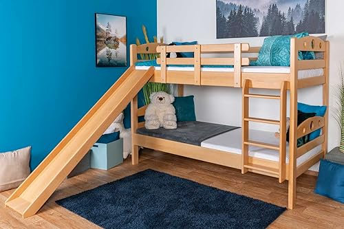 Etagenbett mit Rutsche 90 x 200 cm, Buche Massivholz Natur lackiert, teilbar in zwei Einzelbetten, Easy Premium Line K27/n