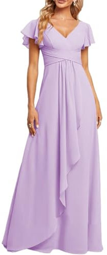 Abito da damigella d'onore con scollo a V lungo da donna a maniche corte formale con tasche, Lilla, 40