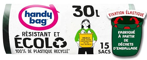 Handy Bag - Sacs poubelle à fixation élastique Écolo 30Lx15 sacs - Résistant : film triple épaisseur - Étanchéité maximale - 100% plastique recyclé issu de la collecte des déchets ménagers