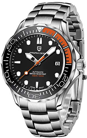 Pagani Design 1667 Reloj Automático de Buceo de Moda para Hombre Movimiento NH35 Bisel Giratorio de Cerámica Impermeable Caucho de Nylon Deporte de Negocios Reloj (Negro/Naranja-acero Inoxidable)
