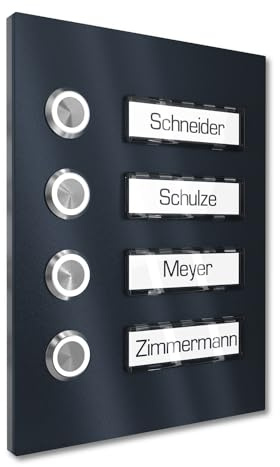 Graviers Design Mehrfamilien Aufputz Türklingel mit LED Klingeltaster 4 Namensschilder - V2A Edelstahl Klingel 140x185 mm Pulverbeschichtet RAL 7016 - Name Beleuchtung wählbar Mehrfamilienhaus