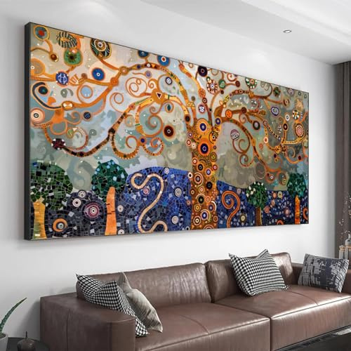 Quadro su tela Albero della vita Quadro astratto Gustav Klimt Stampa su tela Opere d'arte vintage per soggiorno Cucina Decorazione della parete di casa 90x185 cm (36x73 pollici) Con cornice nera