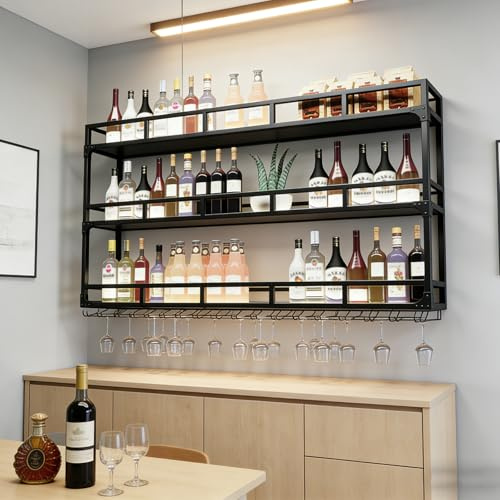 amhricho Weinregal Wand, 3 Ebenen Wand-Weinregale mit Glashalter, Multi funktionaler Weinpareite Display Rack,Weinflaschenhalter Wandmontage, für Zuhause, Bar, Küche, Restaurant (BLACK, 150*25*90cm)