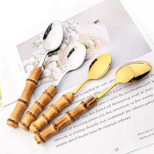 6/24Pcs Purely Natural Bamboo Handle Silver Cutlery Set Tableware Set Knife Spoon Fork Flatware Stainless Steel Dinnerware Set,24pcs Gold