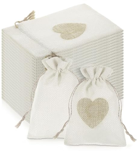 26 Stück Jutesäckchen Herz zum Befüllen, 15 x 20 cm Jute Geschenksäckchen mit Kordelzug, Leinensäckchen für Schmuck Hochzeit Weihnachten Party (Beige)