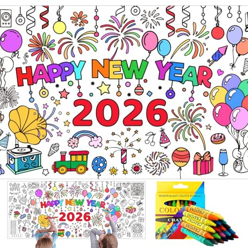 Zkaoai Silvesterdeko Ausmaltischdecke 2026, Happy New Year 2026 Silvester Tischdecke Kinder 183 X 76 cm, Wasserfeste Tischdecke zum Ausmalenmit 24 Farbstiftenfür Neujahrspartys Tischdekorationen