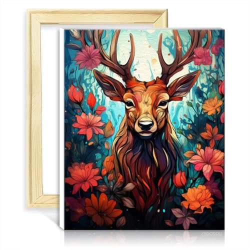 LiHEQING Ölgemälde-Set auf Leinwand, Hirsch in Blumen, Ölgemälde, Malen nach Zahlen, Set für Erwachsene und Kinder, Kunst-Ölgemälde, ohne Rahmen (60 x 75 cm)