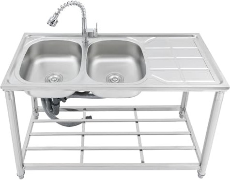 Lavello autoportante in acciaio inox con doppia vasca, il lavello ha un piano di lavoro e ripiani, Compreso un rubinetto di estrazione a 360 gradi, Lavello autoportante con base