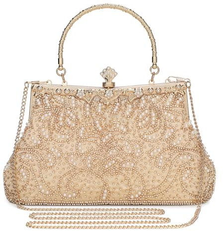 BAIGIO Clutch Damen 1920S Vintage Tasche Handtasche Vintage Perlen Tasche Champagne Abendtaschen Damen Clutch Tasche mit Perlen Brauttasche Elegant Handtasche Umhängetasche für Party Hochzeit