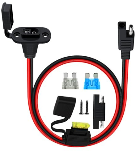 HuaLiSiJi Port de Paroi Latérale de Prise d'alimentation SAE 12V 24V 12AWG Rallonge SAE à SAE avec Fusible pour Accessoires Solaires Moto Voiture (0.6m)