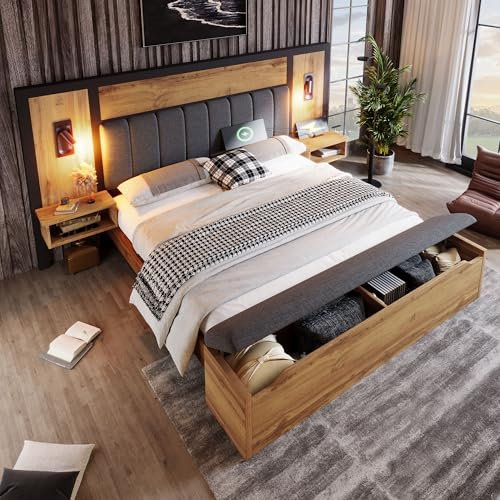 Moimhear Doppelbett Polsterbett, Bettanlage mit Leselampe und USB C Nachttisch und Sitzbank mit Stauraum, Bettgestell mit Lattenrost aus Metall, Holz und Leinen, Eiche(Ohne Matratze) (160x200 cm)