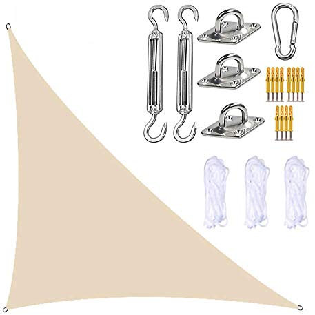Waterproof shade sail Outdoor Waterproof UV Block Beige Shade Sail Canopy 3x3x4.3m with Hardware Kits for Patio Backyard Hot Tub Sun Shade Sail with Right Angle and 3 Ropes