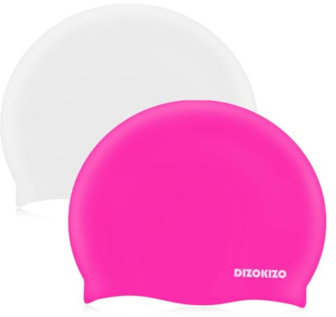 Dizokizo 2pcs Silicone Swim Cap for Kids 6-14, High Elasticity Comfortable Non-Slip Swimming Cap for Girls & Boys, Waterproof Swim Hats for Long and Short Hair, Keep Hair Dry (White & Rose red)