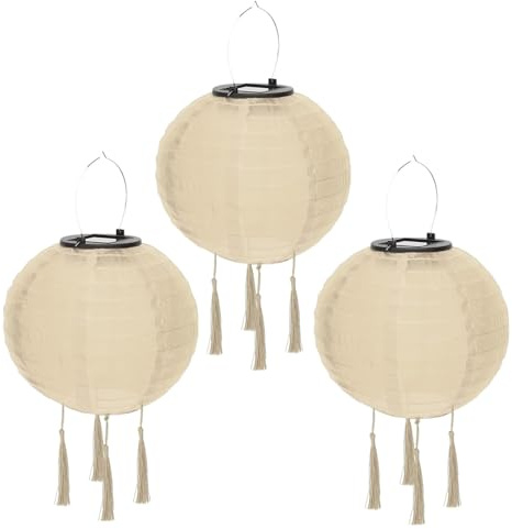 Solar Lampions Außen Wetterfest, Nylon Hänge Laterne (20cm/3pcs/Beige) | Warmweiß, LED Wasserdicht Gartenlaterne, Solarlaterne mit 4 Quaste, Solarlampions für Draußen, Garten, Hof, Hochzeit