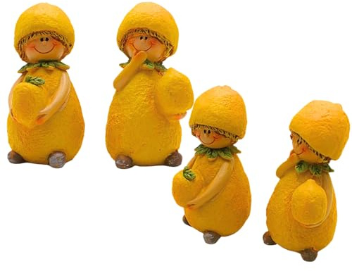4 stycken dekorativa figurer, trädgårdsfigurer som citron, fruktfigurer som citron, sommarfigurer, citronfigurer, citronbarn, av keramik i set om 4 i gult, storlek på en figur: L/B/H 4 x 4 x 6 cm.