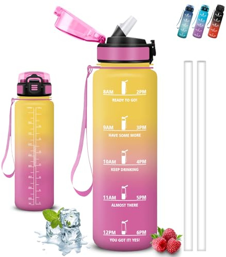 Gourde, Gourde 1l, Gourdes Sport, Anti Fuite, Gourdes Graduée pour 1 Journee, Facile à Transporter, Gourd Graduée, Bouteille avec Slogan de Motivation, pour École, Camping, Bureau, Randonnée, Yoga