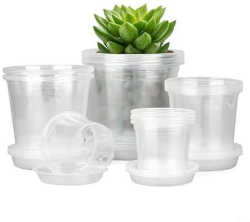 URPIZY Transparenta växtkrukor set 20 stycken – 10,88 cm blomkrukor med underlägg och hål – genomskinliga odlingskrukor för orkidéer, örter, suckulenter