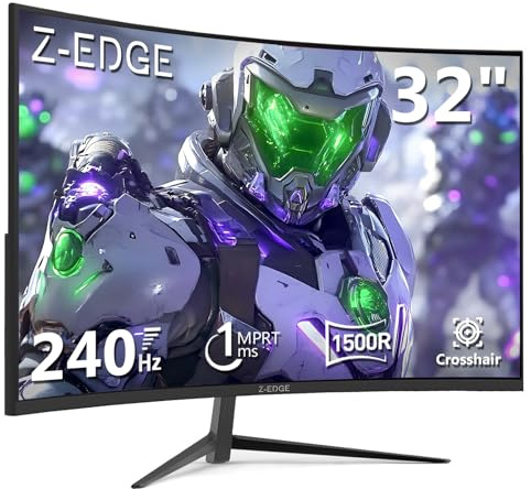 Z-Edge Monitor Gaming Curvo 32 Pulgadas, 240 Hz, 1 ms, Panel VA Full HD 1080P, Pantalla LED Curva 16:9, Brillo de 300 CD/m², 98% sRGB, FreeSync, HDR10, DisplayPort y HDMI, Soporte VESA