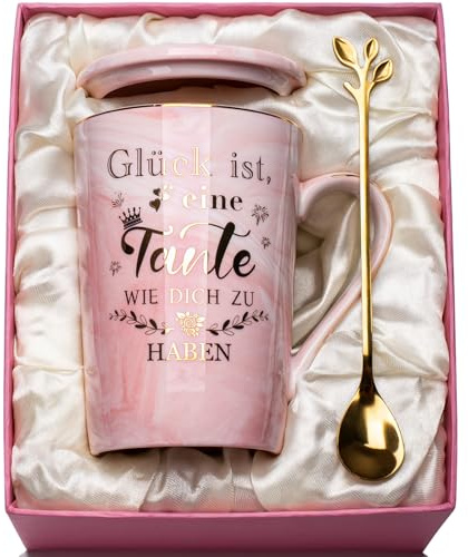 Tante Geschenk Tasse, Geschenk Tante Weihnachten Geburtstag Marmor Keramiktasse 400ml, Beste Tant-e Geschen-k für Tant-e zum Geburtstag, mit Deckel, Löffel, Grußkarte, Geschenkbox, Rosa