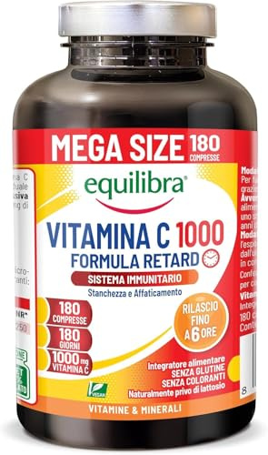Equilibra Vitamina C de Alta Dosis 1000 mg, Liberación Prolongada Hasta 6 Horas, Vegano, 180 comprimidos, 6 Meses, Para el Funcionamiento Normal del Sistema Inmunitario, Sin Gluten, Sin Lactosa