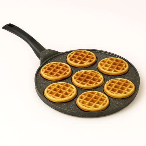 BAKAJI Padella per Mini Waffle con 7 Posti da 8 cm, Pentola Antiaderente per Colazione, Brunch, Desert, Piastra 26 cm, Ideale per Piani Cottura Cucina Gas, Elettrico, Vetroceramica, Alogeno, Induzione