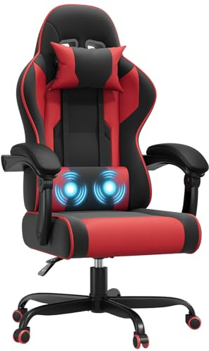 JUMMICO Gaming Stuhl mit Massagefunktion, Bürostuhl Ergonomisch 150kg, Gamer Stuhl mit 50 cm Extrabreites Sitzkissen, rot