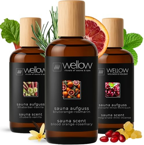 Sauna Aufguss Set – Blutorange-Rosmarin, Rhabarber-Vanille & Granatapfel-Minze-Weihrauch – Saunaöl für Aufgüsse, Wellness, Heimsauna | Geschenkset | mit ätherischen Ölen | Ergiebig | Made in Germany