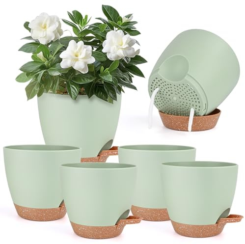 Set di 6 Vasi per Piante Autoirriganti, 15.2cm, con Serbatoio D'acqua e Sottovaso Marrone, Vasi Autoirriganti da Interno, Vasi da Fiori in Plastica per Piante da Interno, Balcone, Giardino (Verde)