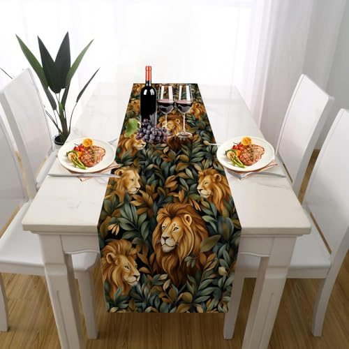 Löwe Afrika Tiere Tischläufer Einschulung Deko, Dschungel Blätter Tier Tischläufer Waschbar für Sommerdeko Couchtisch Küche Esstisch deko Dekoration für Zuhause 40 x 140 cm