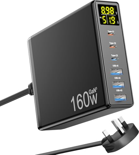 USB C Charger, 160W GaN 6 Port Fast Charger Plug with LED Display, 3 USB-C and 3 USB-A Multiport 65W Charging Station Hub, PPS PD 3.0 Charger for MacBook Pro Laptop iPhone iPad Samsung