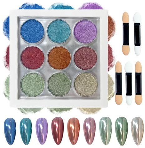 MKNZOME 9 Farben Chrome Nail Powder, Blau Rot Lila Grün Crome Pulver Nägel, Nagelpuder Nailart mit Sponge Brush Applikator, für DIY Nagelstudios zum Selbermachen, Nageldesign, B