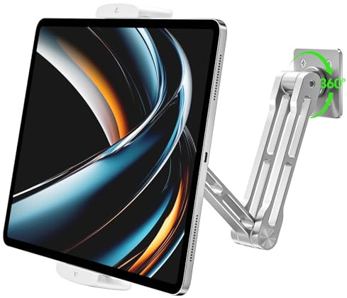 Julrrimg Tablet Wandhalterung, Aluminium Silber iPad Halterung Wand | 360 Grad drehbarer Arm, verstellbar und faltbar für iPhone, iPad, Küche, Homeoffice und 11,9‑33 cm Geräte