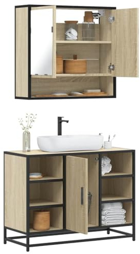 IBUQDDV Mobile Bagno con Specchio Rovere Sonoma in Legno Multistrato e Metallo, Mobile Lavabo 80x33x60 cm con Struttura Industriale, Ampio Spazio Portaoggetti, Resistente all'Umidità